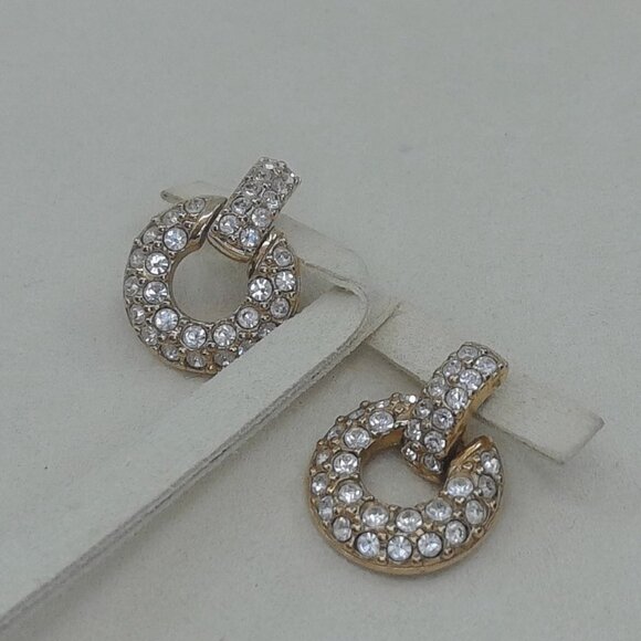 Vintage Swarovski Circle Drop Earrings – Gold Tone, Pave Crystal – 1 Inch - Picture 1 of 2